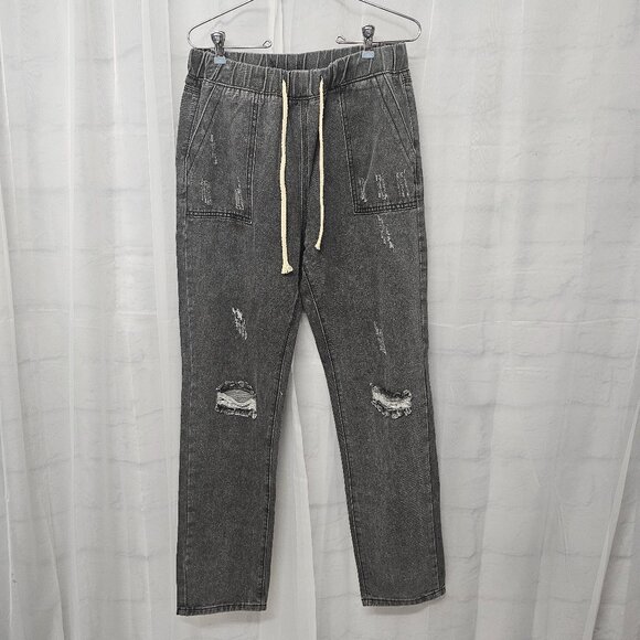 Loveu Dear Gray Distressed Pull On Jeans Punk Goth Grunge Straight Leg S - Picture 1 of 16